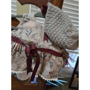 Gray Floral Baby Dress w Hand Knitted Hat/Booties Burgundy Ribbon SM Pocket